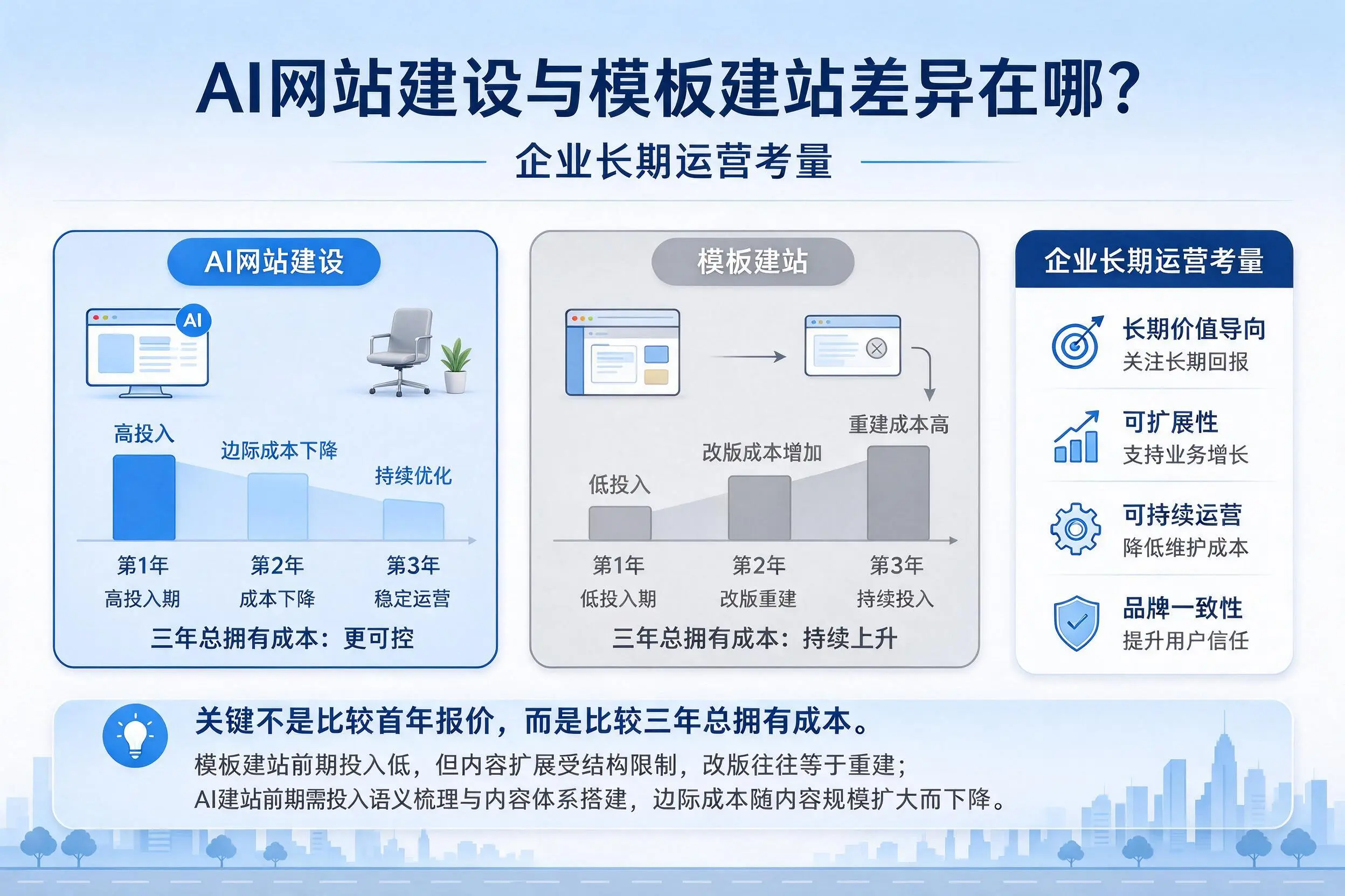 AI网站建设与模板建站差异在哪？滨州企业长期运营考量